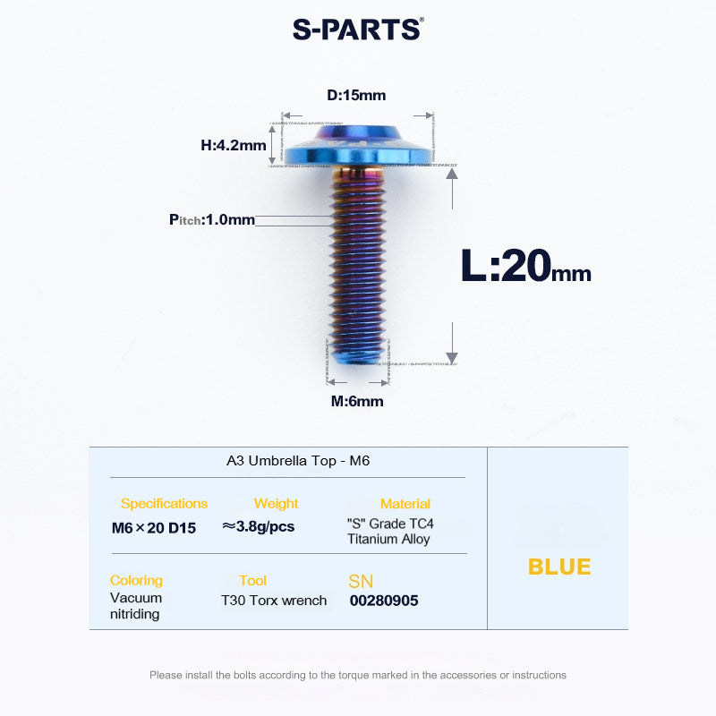 SPARTS A3 Series M6 Titanium Button Head Bolt D15 Grade TC4 | Motorcycle & E-Bike Upgrade Screw