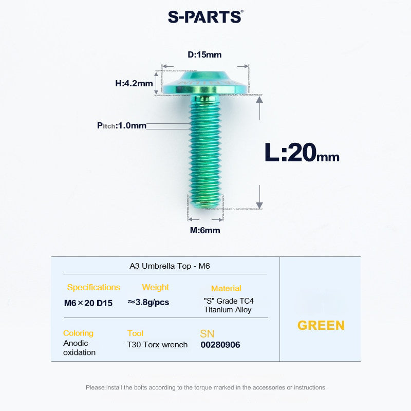SPARTS A3 Series M6 Titanium Button Head Bolt D15 Grade TC4 | Motorcycle & E-Bike Upgrade Screw
