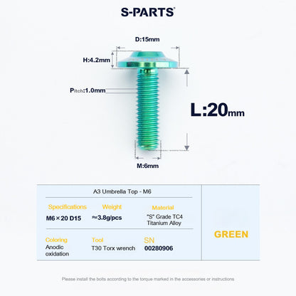SPARTS A3 Series M6 Titanium Button Head Bolt D15 Grade TC4 | Motorcycle & E-Bike Upgrade Screw