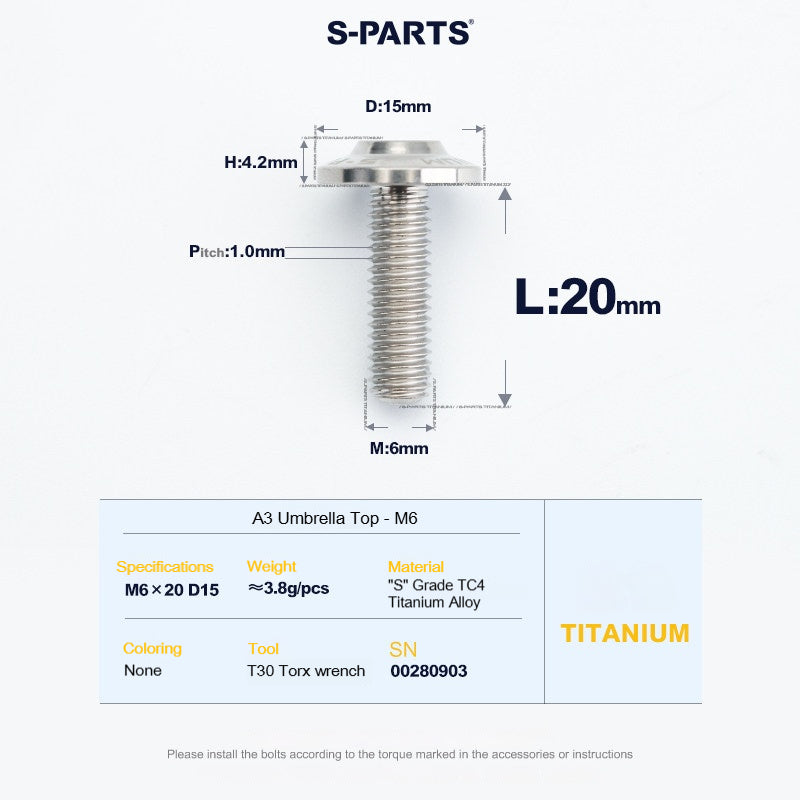 SPARTS A3 Series M6 Titanium Button Head Bolt D15 Grade TC4 | Motorcycle & E-Bike Upgrade Screw