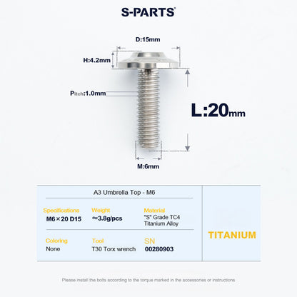 SPARTS A3 Series M6 Titanium Button Head Bolt D15 Grade TC4 | Motorcycle & E-Bike Upgrade Screw