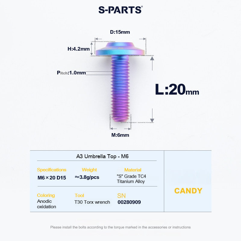 SPARTS A3 Series M6 Titanium Button Head Bolt D15 Grade TC4 | Motorcycle & E-Bike Upgrade Screw