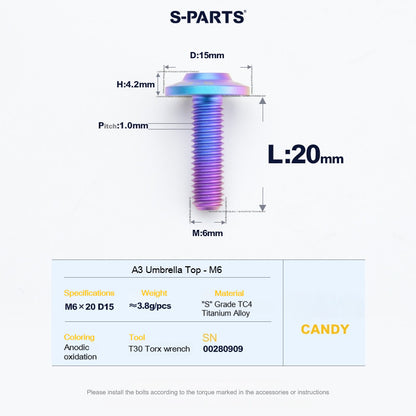 SPARTS A3 Series M6 Titanium Button Head Bolt D15 Grade TC4 | Motorcycle & E-Bike Upgrade Screw