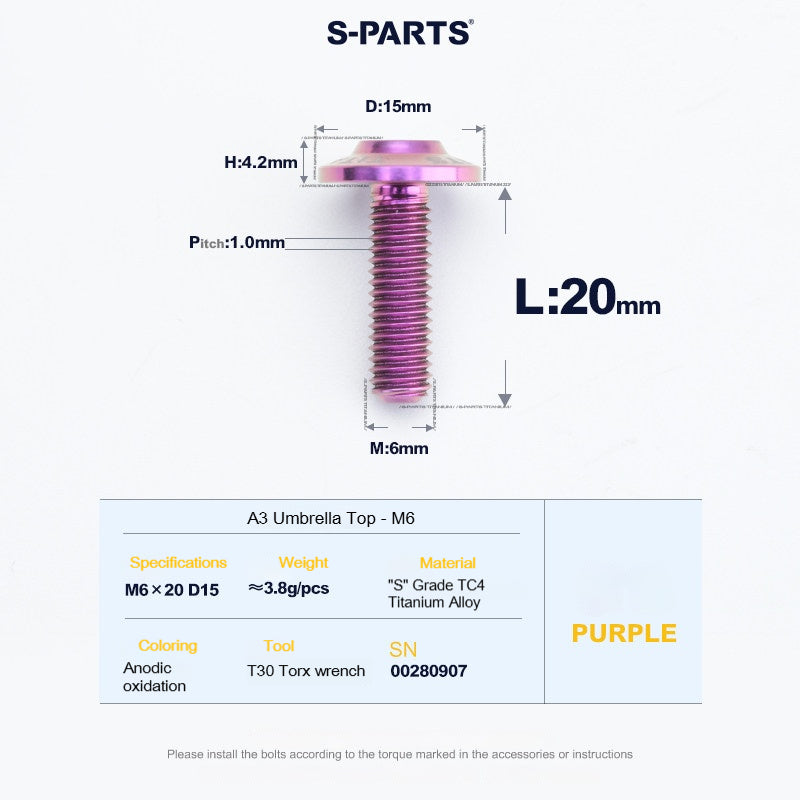 SPARTS A3 Series M6 Titanium Button Head Bolt D15 Grade TC4 | Motorcycle & E-Bike Upgrade Screw
