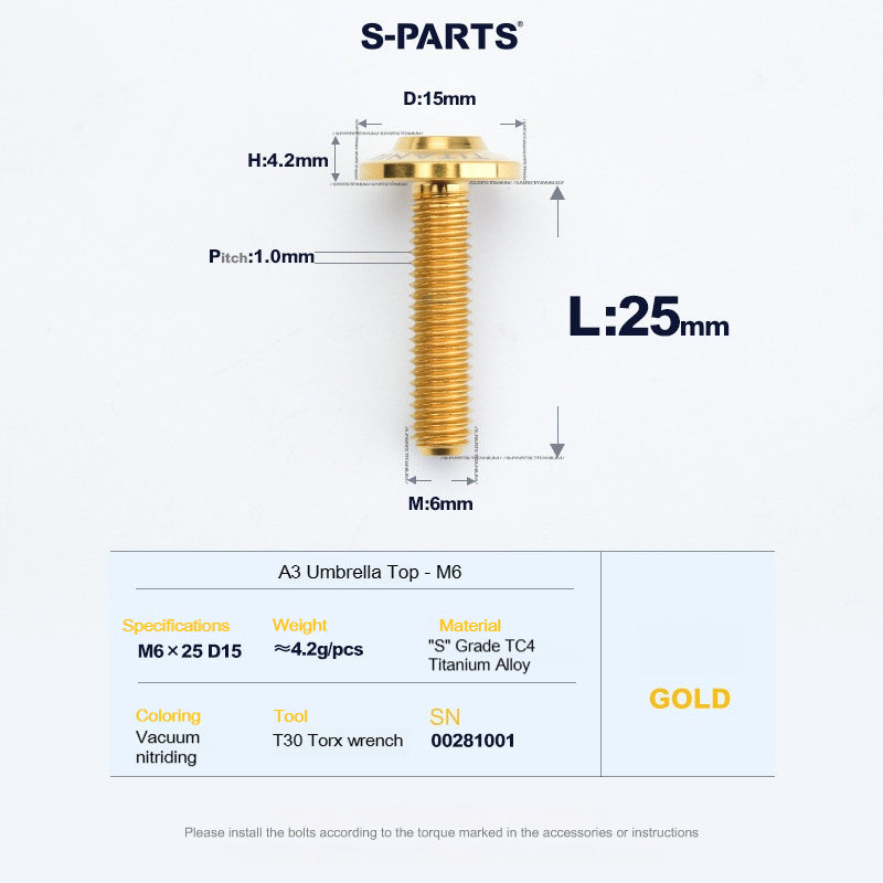 SPARTS A3 Series M6 Titanium Button Head Bolt D15 Grade TC4 | Motorcycle & E-Bike Upgrade Screw