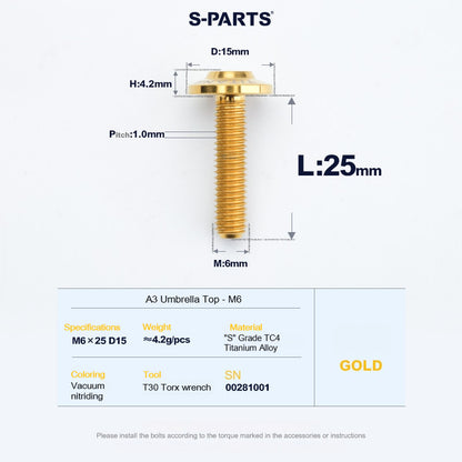SPARTS A3 Series M6 Titanium Button Head Bolt D15 Grade TC4 | Motorcycle & E-Bike Upgrade Screw