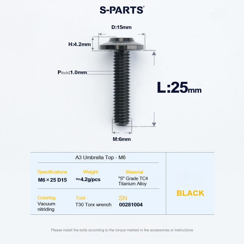 SPARTS A3 Series M6 Titanium Button Head Bolt D15 Grade TC4 | Motorcycle & E-Bike Upgrade Screw