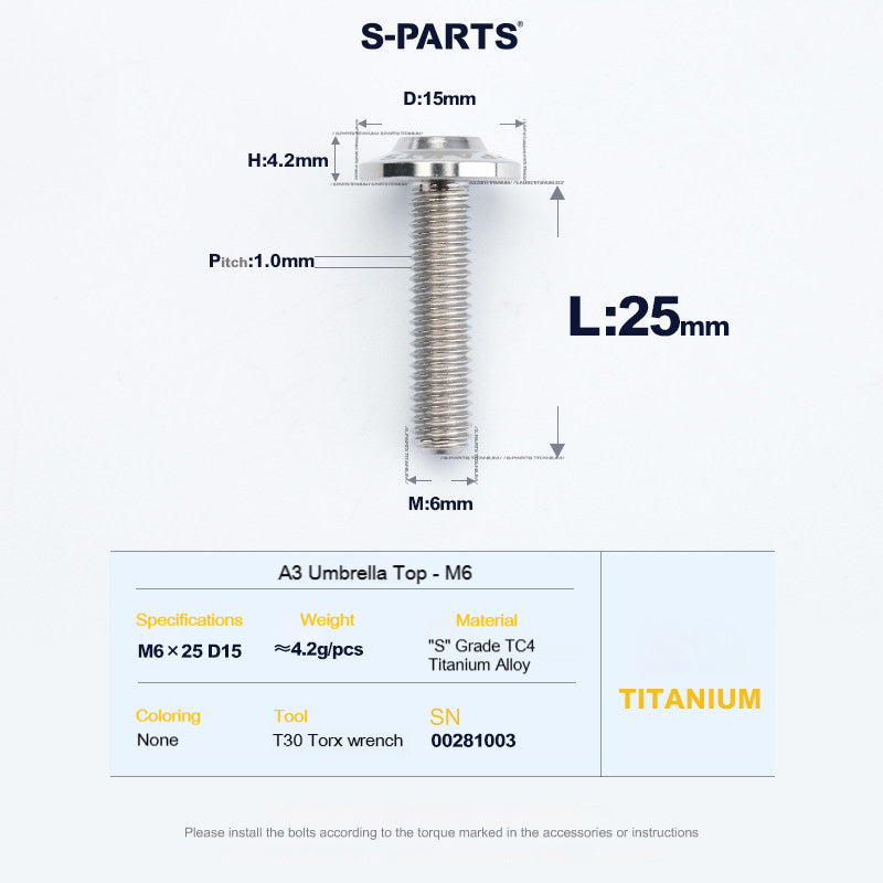 SPARTS A3 Series M6 Titanium Button Head Bolt D15 Grade TC4 | Motorcycle & E-Bike Upgrade Screw