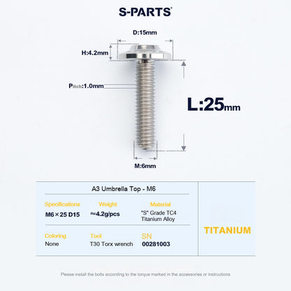 SPARTS A3 Series M6 Titanium Button Head Bolt D15 Grade TC4 | Motorcycle & E-Bike Upgrade Screw