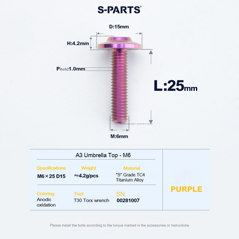 SPARTS A3 Series M6 Titanium Button Head Bolt D15 Grade TC4 | Motorcycle & E-Bike Upgrade Screw
