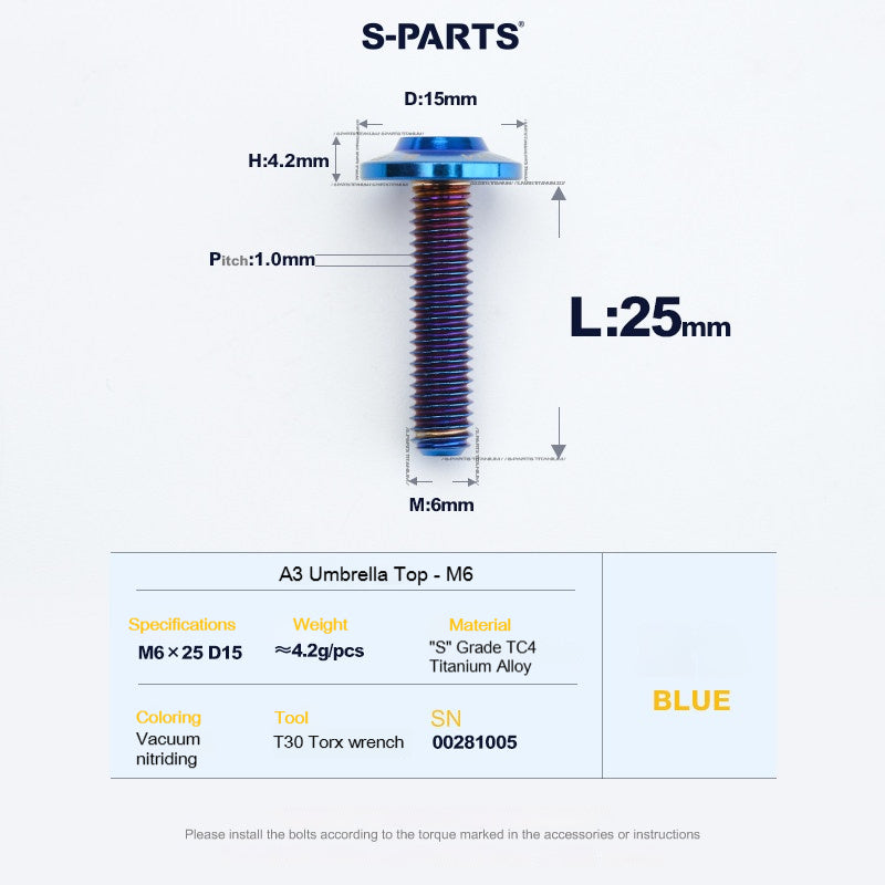 SPARTS A3 Series M6 Titanium Button Head Bolt D15 Grade TC4 | Motorcycle & E-Bike Upgrade Screw