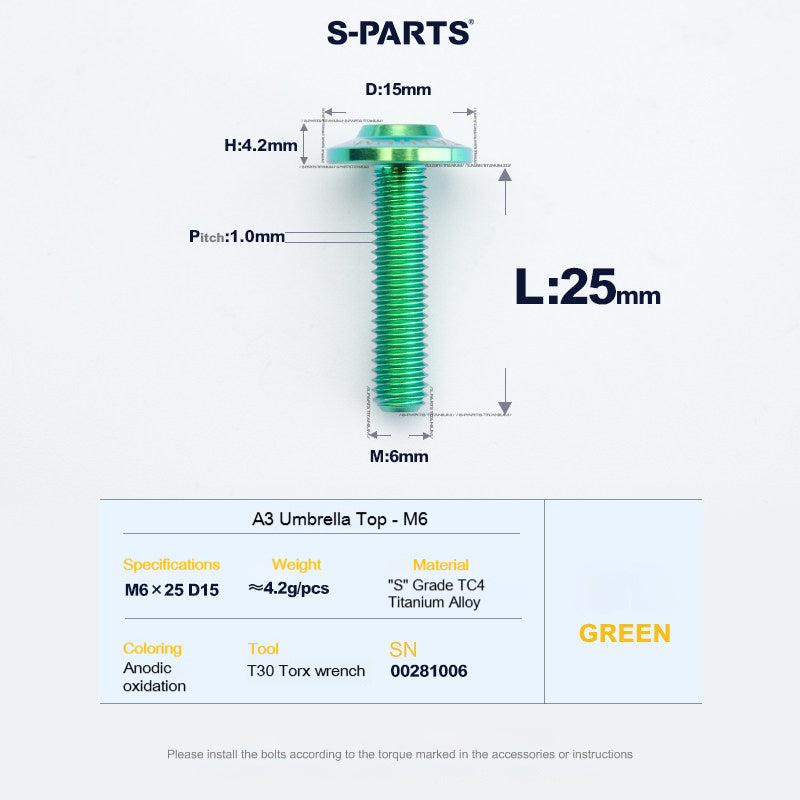SPARTS A3 Series M6 Titanium Button Head Bolt D15 Grade TC4 | Motorcycle & E-Bike Upgrade Screw