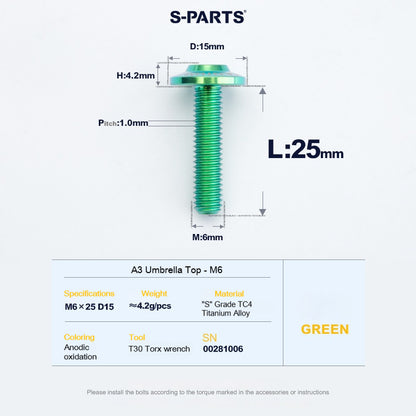 SPARTS A3 Series M6 Titanium Button Head Bolt D15 Grade TC4 | Motorcycle & E-Bike Upgrade Screw