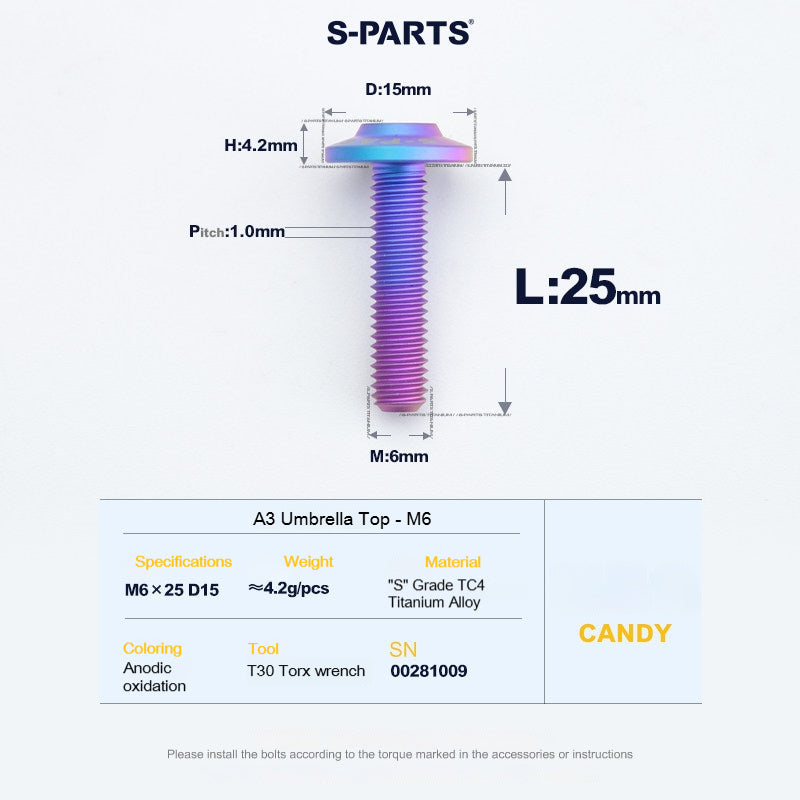 SPARTS A3 Series M6 Titanium Button Head Bolt D15 Grade TC4 | Motorcycle & E-Bike Upgrade Screw