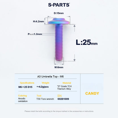 SPARTS A3 Series M6 Titanium Button Head Bolt D15 Grade TC4 | Motorcycle & E-Bike Upgrade Screw