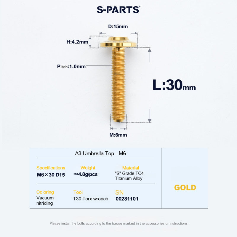 SPARTS A3 Series M6 Titanium Button Head Bolt D15 Grade TC4 | Motorcycle & E-Bike Upgrade Screw