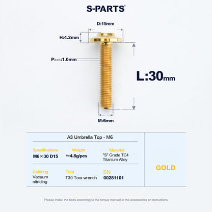 SPARTS A3 Series M6 Titanium Button Head Bolt D15 Grade TC4 | Motorcycle & E-Bike Upgrade Screw