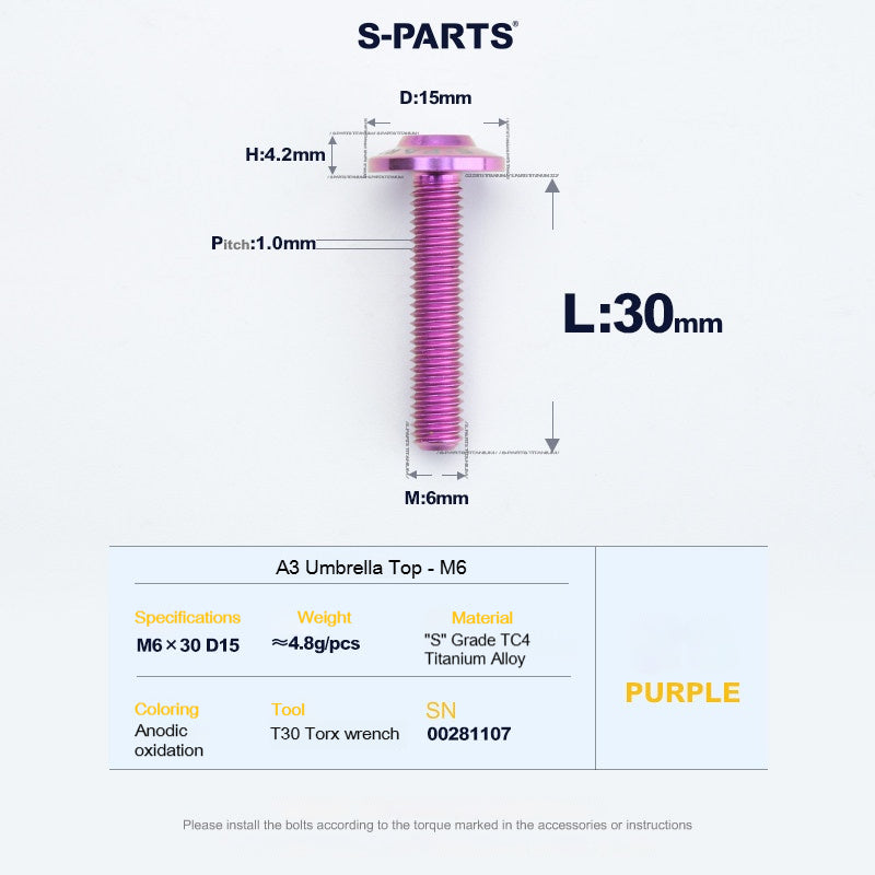 SPARTS A3 Series M6 Titanium Button Head Bolt D15 Grade TC4 | Motorcycle & E-Bike Upgrade Screw