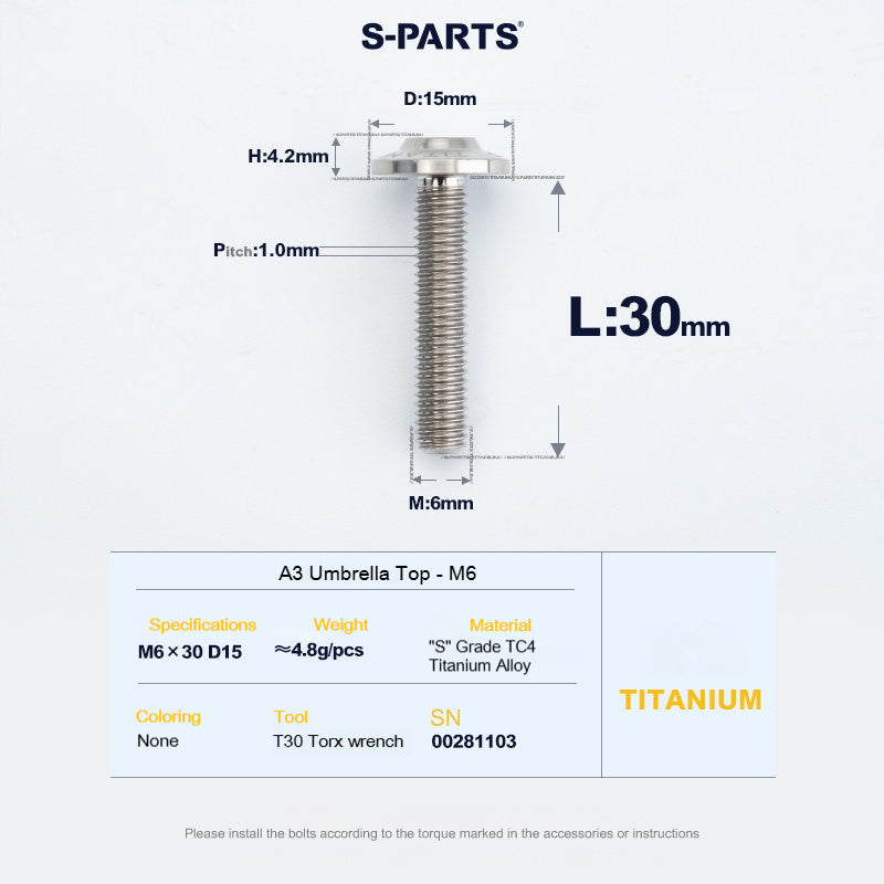 SPARTS A3 Series M6 Titanium Button Head Bolt D15 Grade TC4 | Motorcycle & E-Bike Upgrade Screw