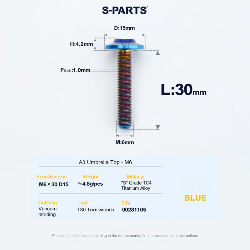 SPARTS A3 Series M6 Titanium Button Head Bolt D15 Grade TC4 | Motorcycle & E-Bike Upgrade Screw