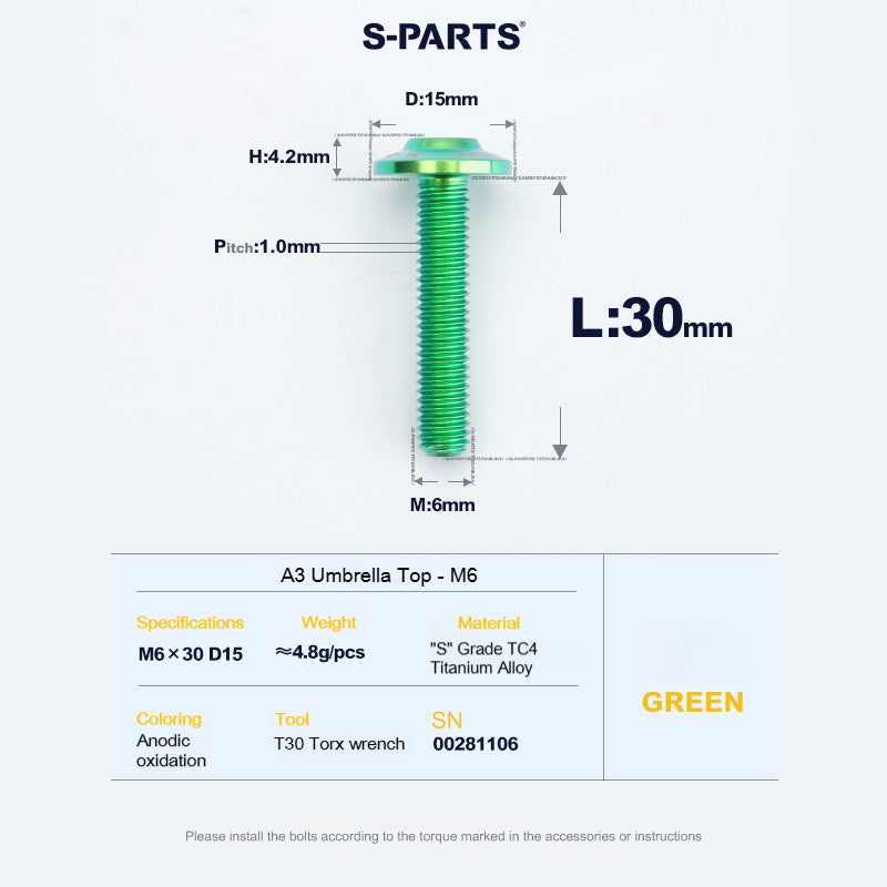 SPARTS A3 Series M6 Titanium Button Head Bolt D15 Grade TC4 | Motorcycle & E-Bike Upgrade Screw