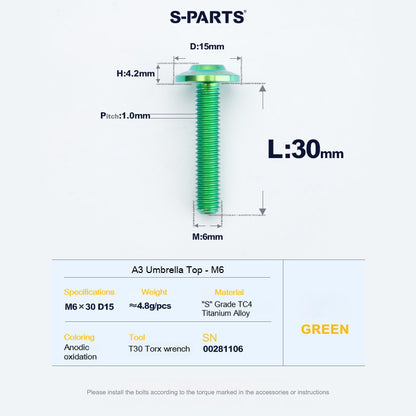 SPARTS A3 Series M6 Titanium Button Head Bolt D15 Grade TC4 | Motorcycle & E-Bike Upgrade Screw