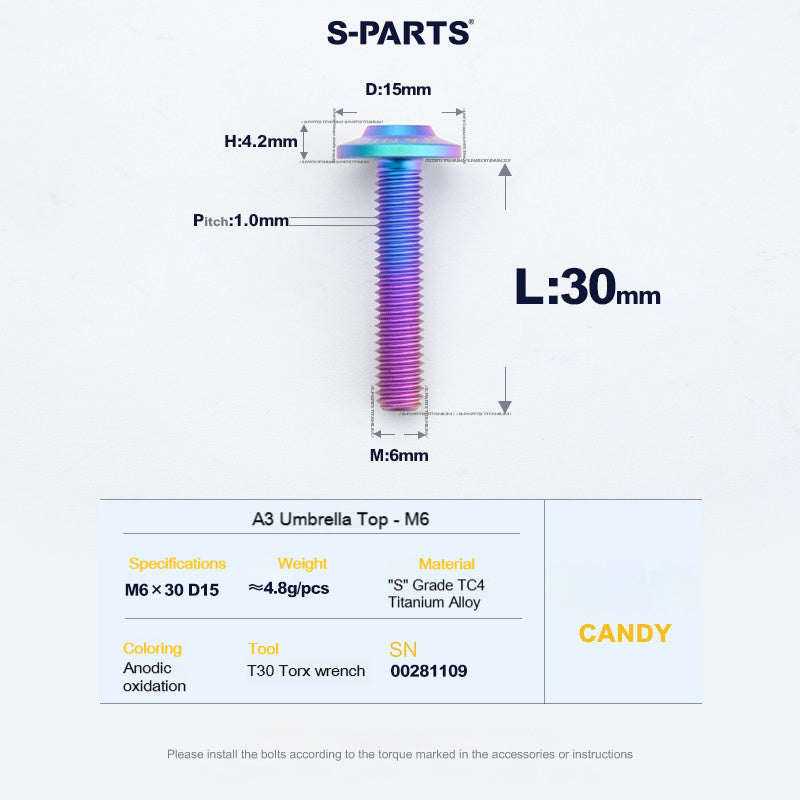 SPARTS A3 Series M6 Titanium Button Head Bolt D15 Grade TC4 | Motorcycle & E-Bike Upgrade Screw