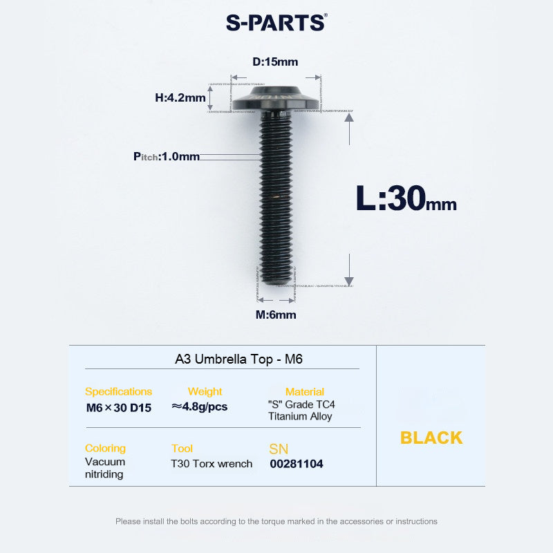 SPARTS A3 Series M6 Titanium Button Head Bolt D15 Grade TC4 | Motorcycle & E-Bike Upgrade Screw
