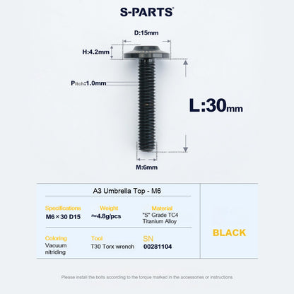 SPARTS A3 Series M6 Titanium Button Head Bolt D15 Grade TC4 | Motorcycle & E-Bike Upgrade Screw
