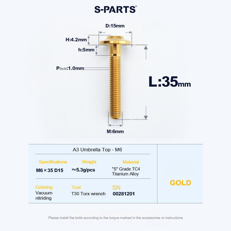 SPARTS A3 Series M6 Titanium Button Head Bolt D15 Grade TC4 | Motorcycle & E-Bike Upgrade Screw