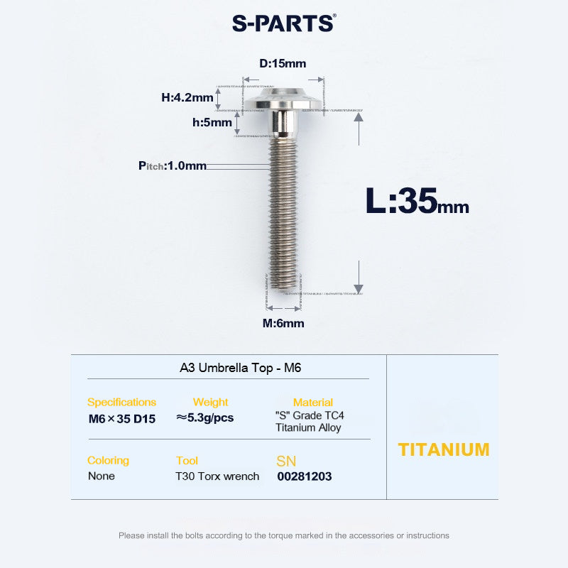 SPARTS A3 Series M6 Titanium Button Head Bolt D15 Grade TC4 | Motorcycle & E-Bike Upgrade Screw