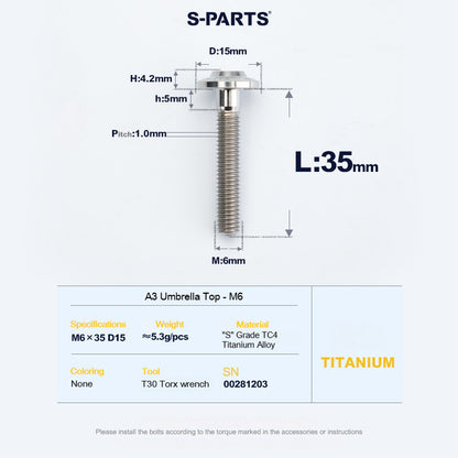 SPARTS A3 Series M6 Titanium Button Head Bolt D15 Grade TC4 | Motorcycle & E-Bike Upgrade Screw