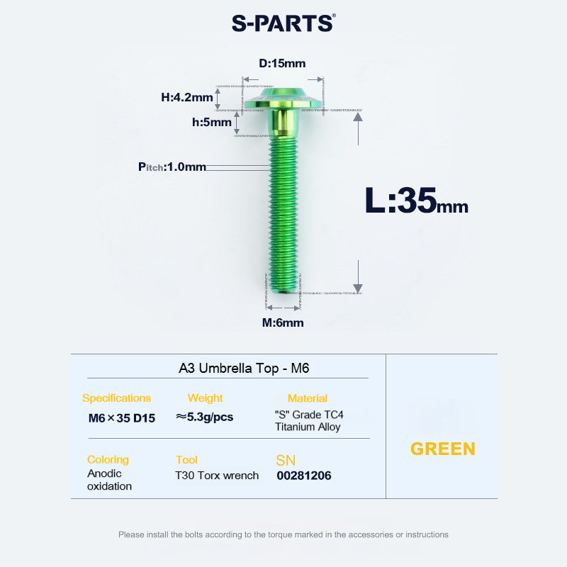 SPARTS A3 Series M6 Titanium Button Head Bolt D15 Grade TC4 | Motorcycle & E-Bike Upgrade Screw