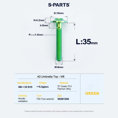 SPARTS A3 Series M6 Titanium Button Head Bolt D15 Grade TC4 | Motorcycle & E-Bike Upgrade Screw