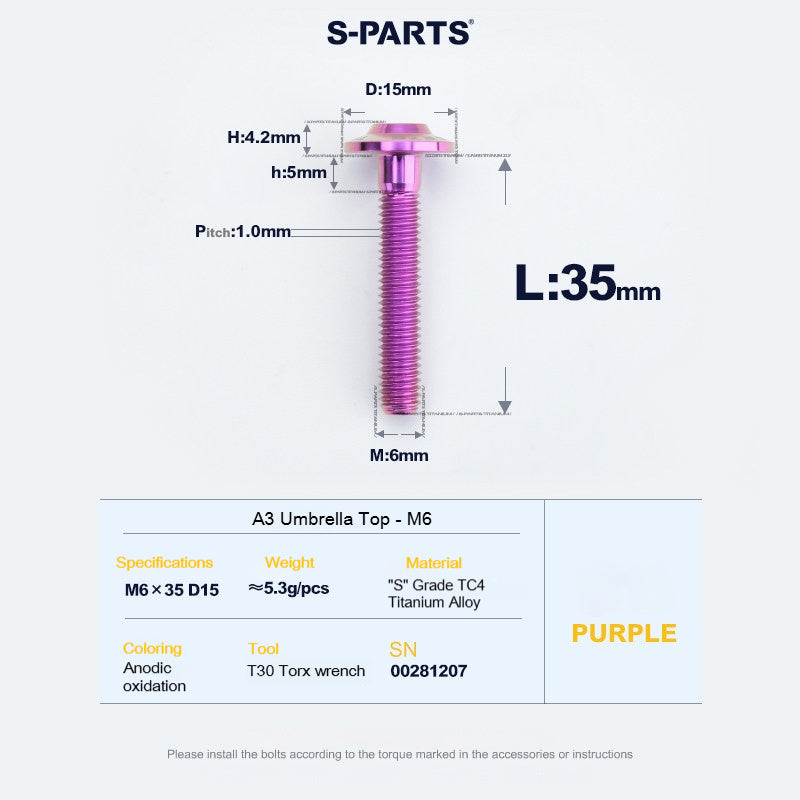 SPARTS A3 Series M6 Titanium Button Head Bolt D15 Grade TC4 | Motorcycle & E-Bike Upgrade Screw