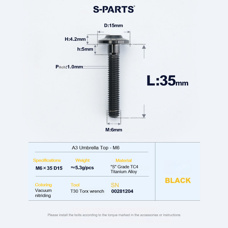 SPARTS A3 Series M6 Titanium Button Head Bolt D15 Grade TC4 | Motorcycle & E-Bike Upgrade Screw