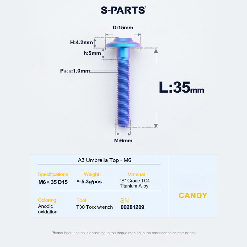 SPARTS A3 Series M6 Titanium Button Head Bolt D15 Grade TC4 | Motorcycle & E-Bike Upgrade Screw