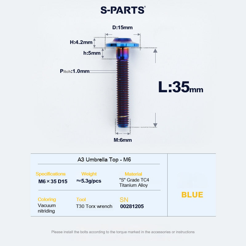 SPARTS A3 Series M6 Titanium Button Head Bolt D15 Grade TC4 | Motorcycle & E-Bike Upgrade Screw