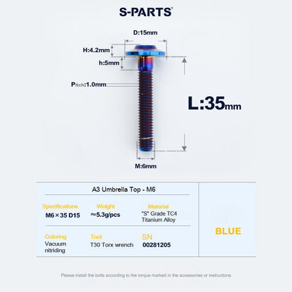 SPARTS A3 Series M6 Titanium Button Head Bolt D15 Grade TC4 | Motorcycle & E-Bike Upgrade Screw