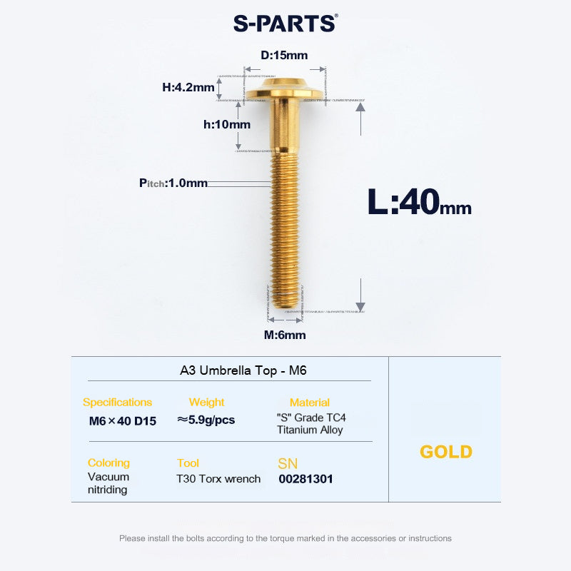 SPARTS A3 Series M6 Titanium Button Head Bolt D15 Grade TC4 | Motorcycle & E-Bike Upgrade Screw