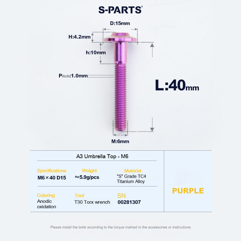 SPARTS A3 Series M6 Titanium Button Head Bolt D15 Grade TC4 | Motorcycle & E-Bike Upgrade Screw
