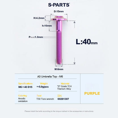 SPARTS A3 Series M6 Titanium Button Head Bolt D15 Grade TC4 | Motorcycle & E-Bike Upgrade Screw