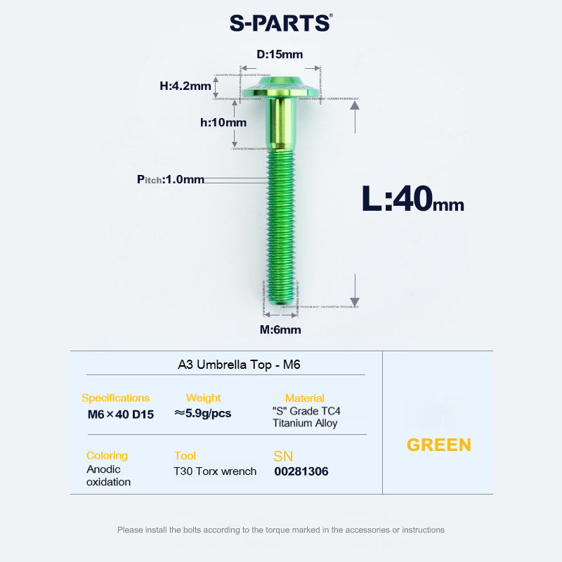 SPARTS A3 Series M6 Titanium Button Head Bolt D15 Grade TC4 | Motorcycle & E-Bike Upgrade Screw
