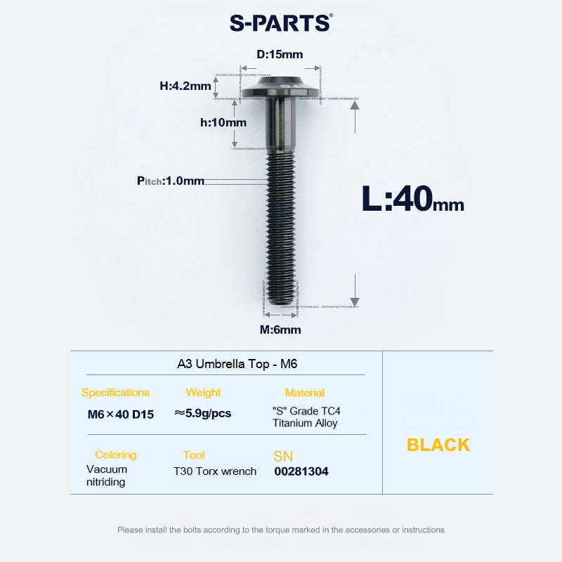 SPARTS A3 Series M6 Titanium Button Head Bolt D15 Grade TC4 | Motorcycle & E-Bike Upgrade Screw