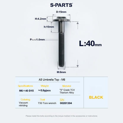 SPARTS A3 Series M6 Titanium Button Head Bolt D15 Grade TC4 | Motorcycle & E-Bike Upgrade Screw