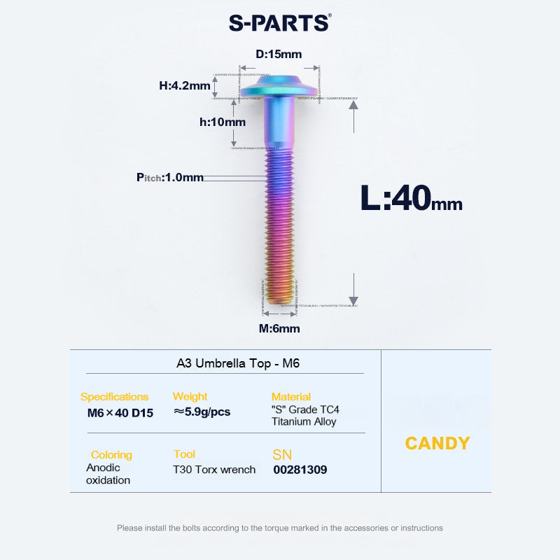 SPARTS A3 Series M6 Titanium Button Head Bolt D15 Grade TC4 | Motorcycle & E-Bike Upgrade Screw