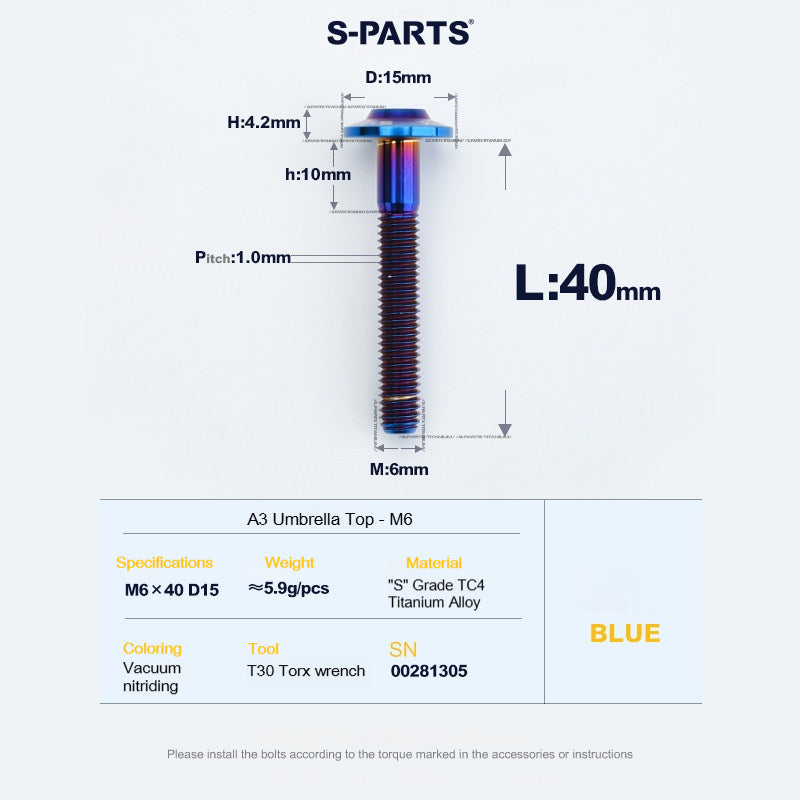 SPARTS A3 Series M6 Titanium Button Head Bolt D15 Grade TC4 | Motorcycle & E-Bike Upgrade Screw