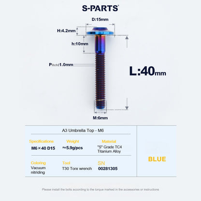 SPARTS A3 Series M6 Titanium Button Head Bolt D15 Grade TC4 | Motorcycle & E-Bike Upgrade Screw