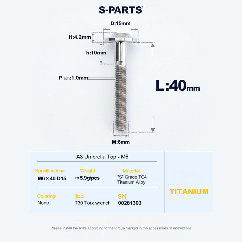 SPARTS A3 Series M6 Titanium Button Head Bolt D15 Grade TC4 | Motorcycle & E-Bike Upgrade Screw