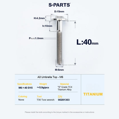 SPARTS A3 Series M6 Titanium Button Head Bolt D15 Grade TC4 | Motorcycle & E-Bike Upgrade Screw